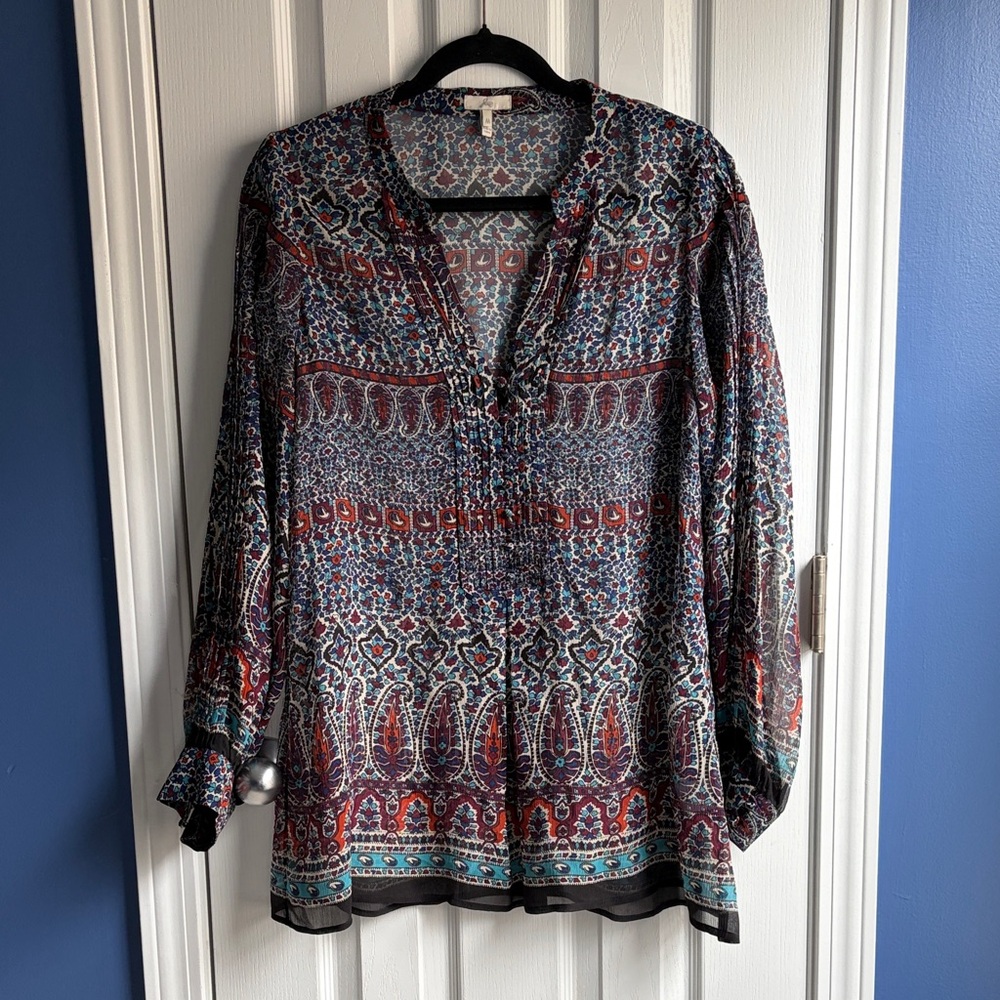 Joie 100% Silk Paisley Floral Print Tunic Blouse Women's Size Medium Long Sleeve